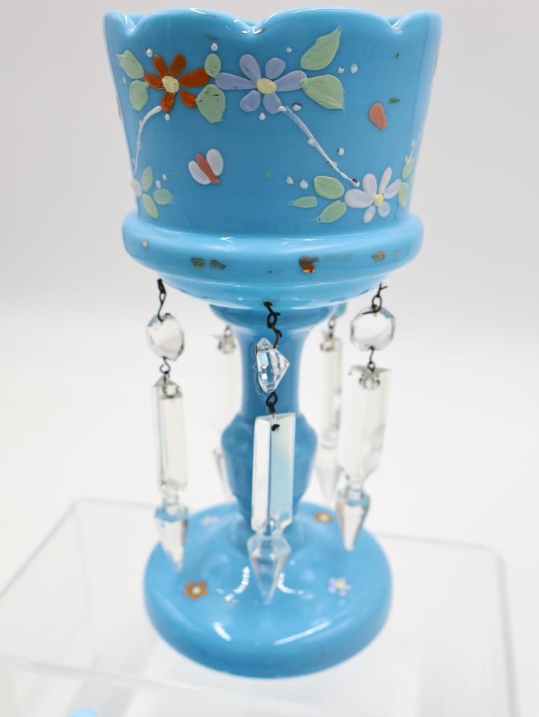 3 Antique Blue Art Glass Vases and Victorian-Era Mantle Lustre - 6