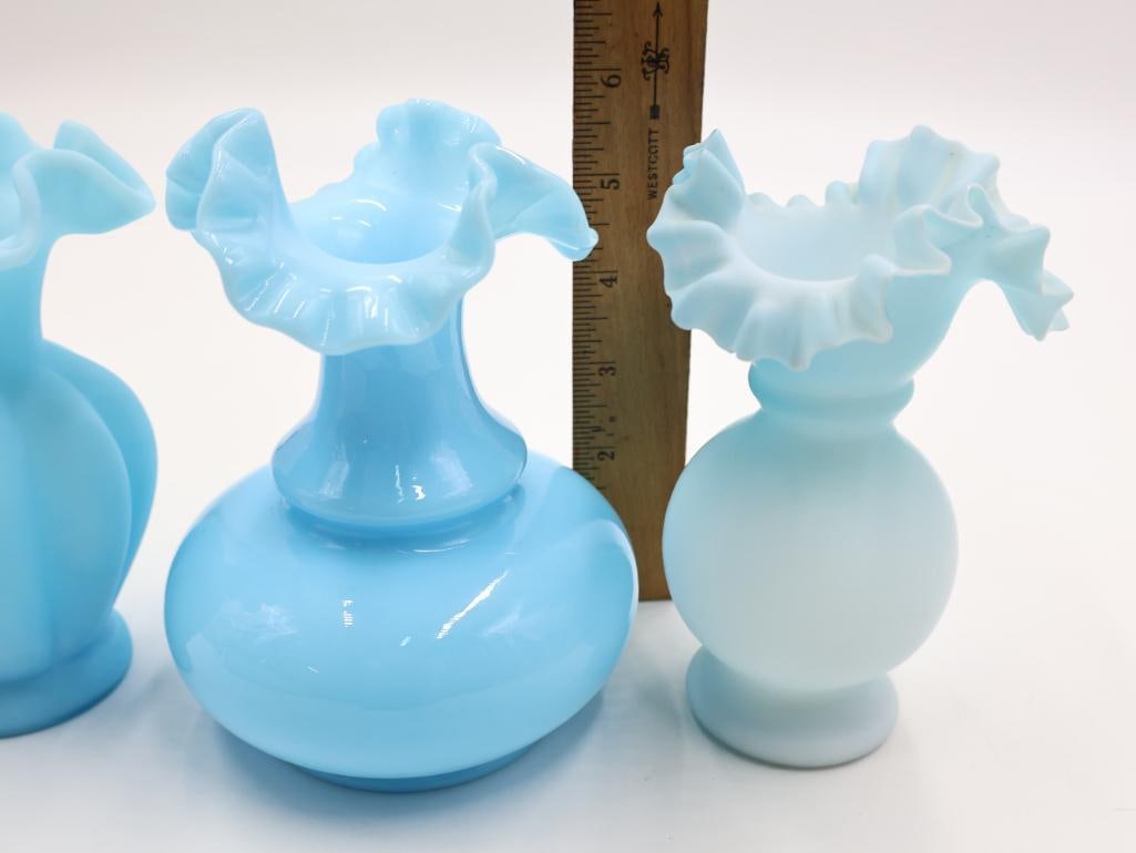 3 Antique Blue Art Glass Vases and Victorian-Era Mantle Lustre - 8