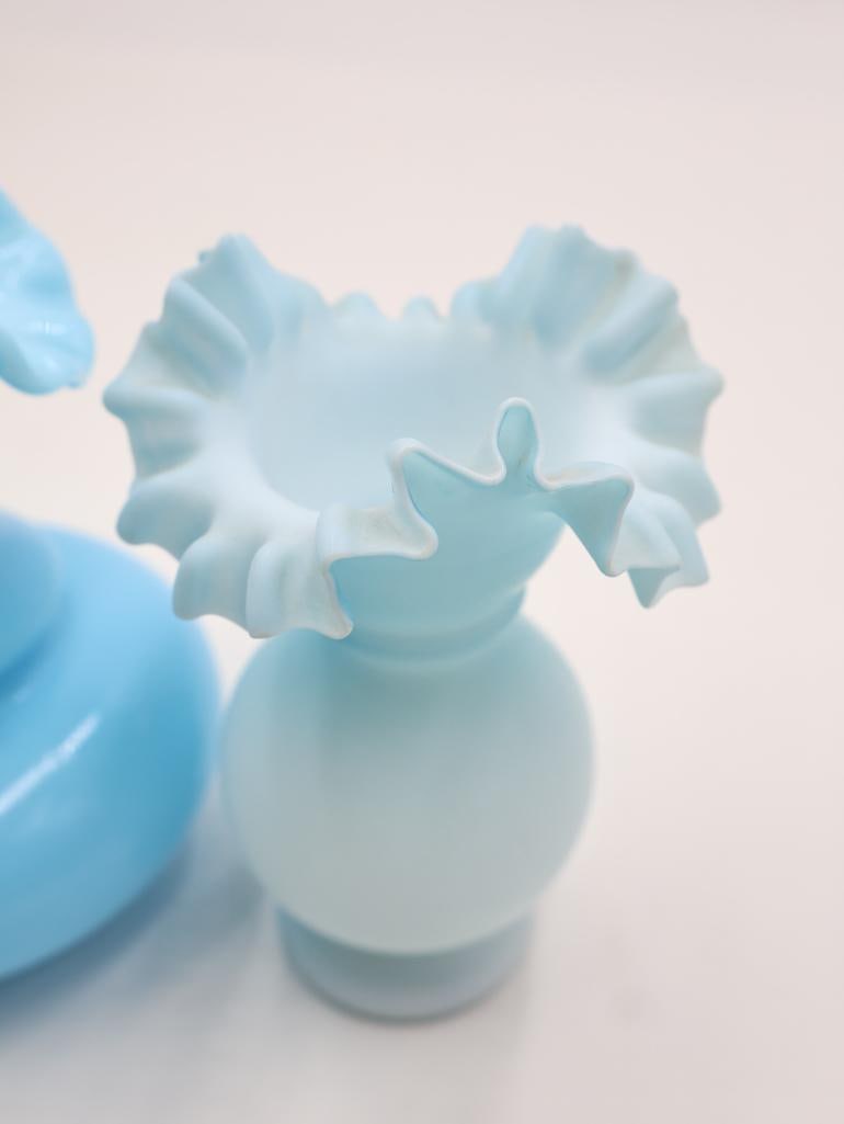 3 Antique Blue Art Glass Vases and Victorian-Era Mantle Lustre - 9