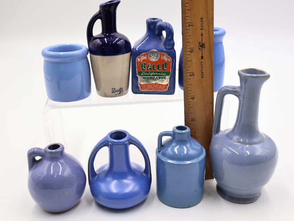 8 Pc Vintage Blue Stoneware Jugs, Crocks and Gallo Jug - 2