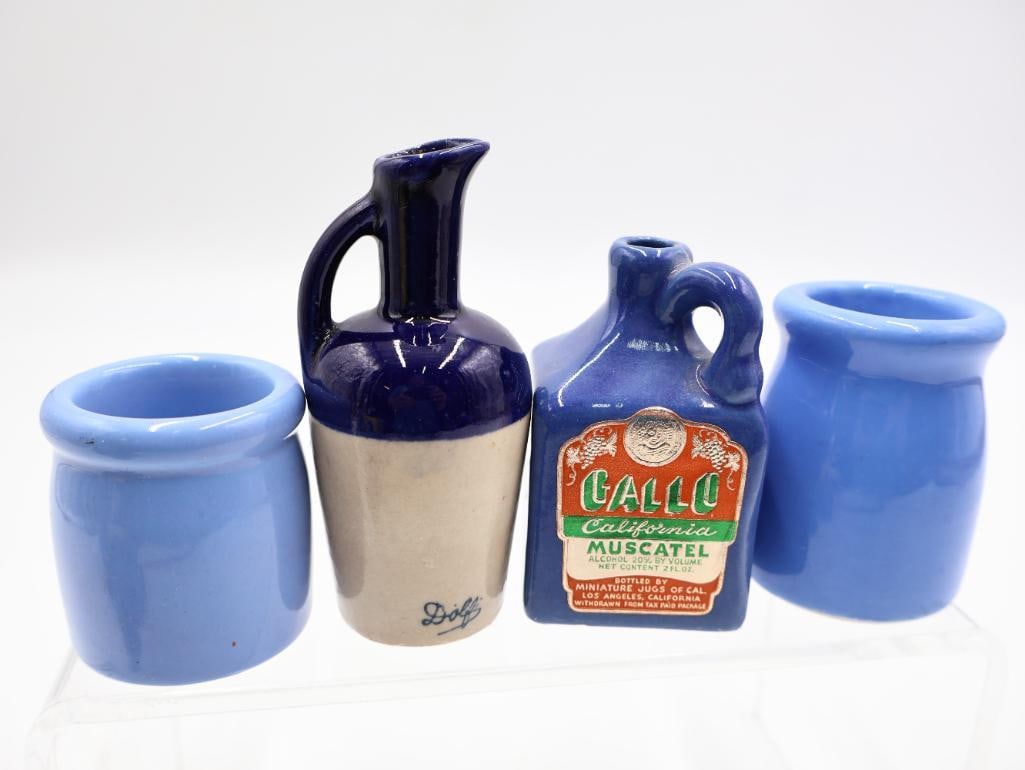 8 Pc Vintage Blue Stoneware Jugs, Crocks and Gallo Jug - 8
