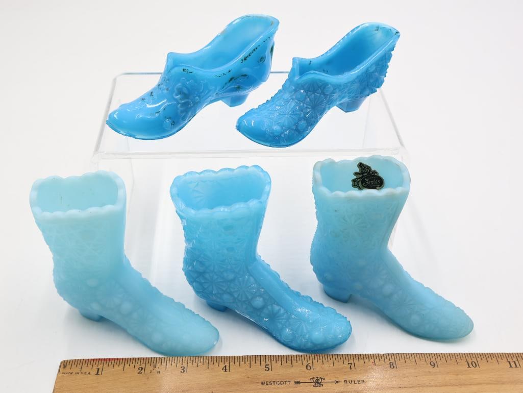 5 Vintage Blue Milk Glass Figural Shoe and Boot Vases - 2
