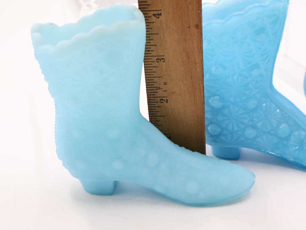5 Vintage Blue Milk Glass Figural Shoe and Boot Vases - 3