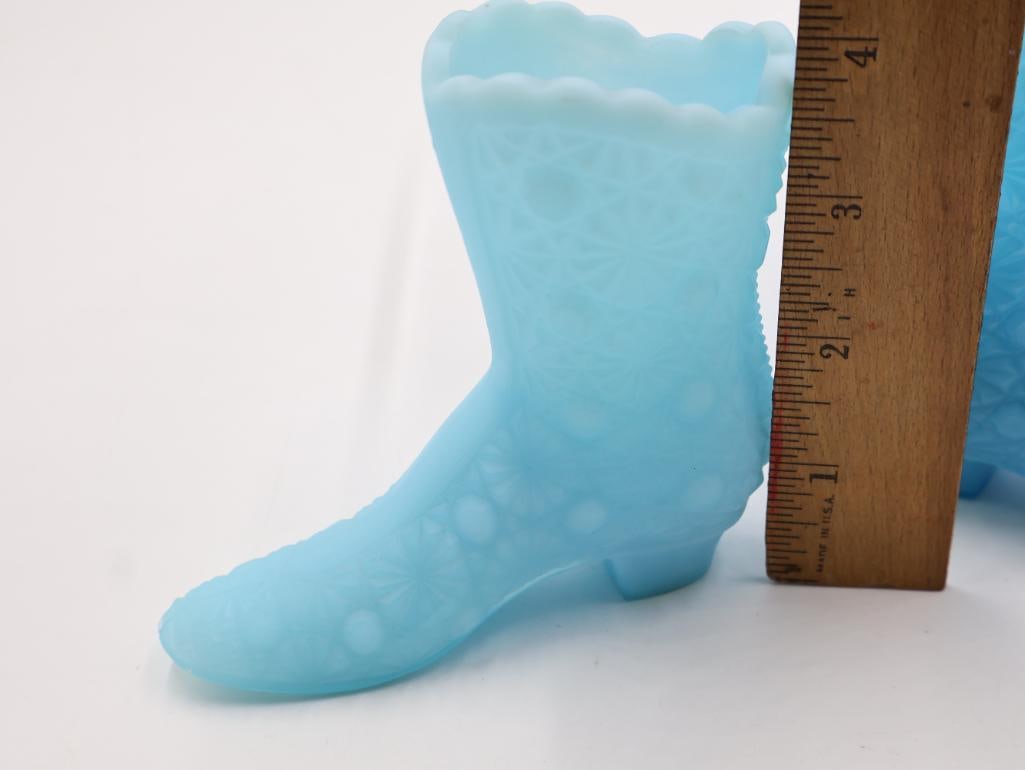 5 Vintage Blue Milk Glass Figural Shoe and Boot Vases - 4
