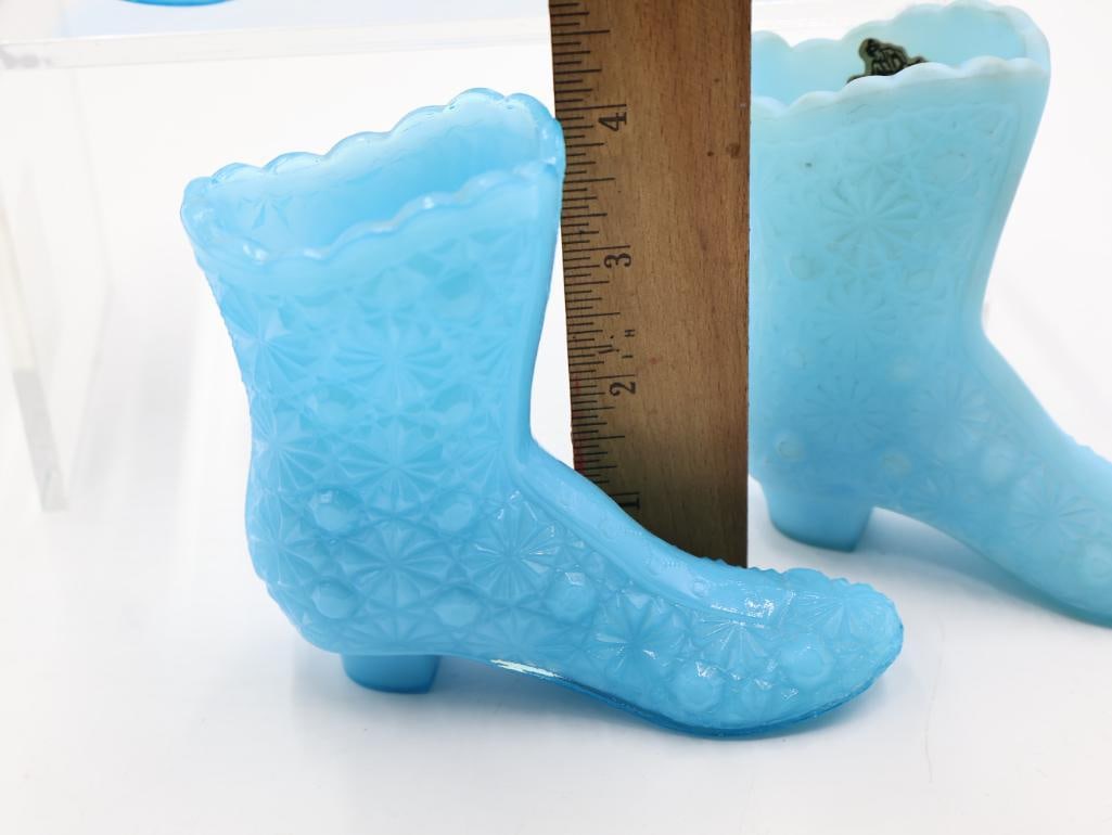 5 Vintage Blue Milk Glass Figural Shoe and Boot Vases - 7
