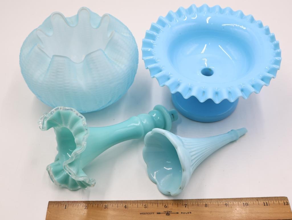 4 Pc Vintage Blue Opalescent Glass Epergne and Bowls - 2
