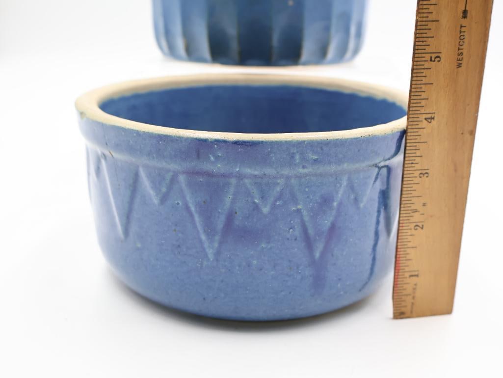 Pair Vintage Blue Stoneware Crocks / Bowls - 2