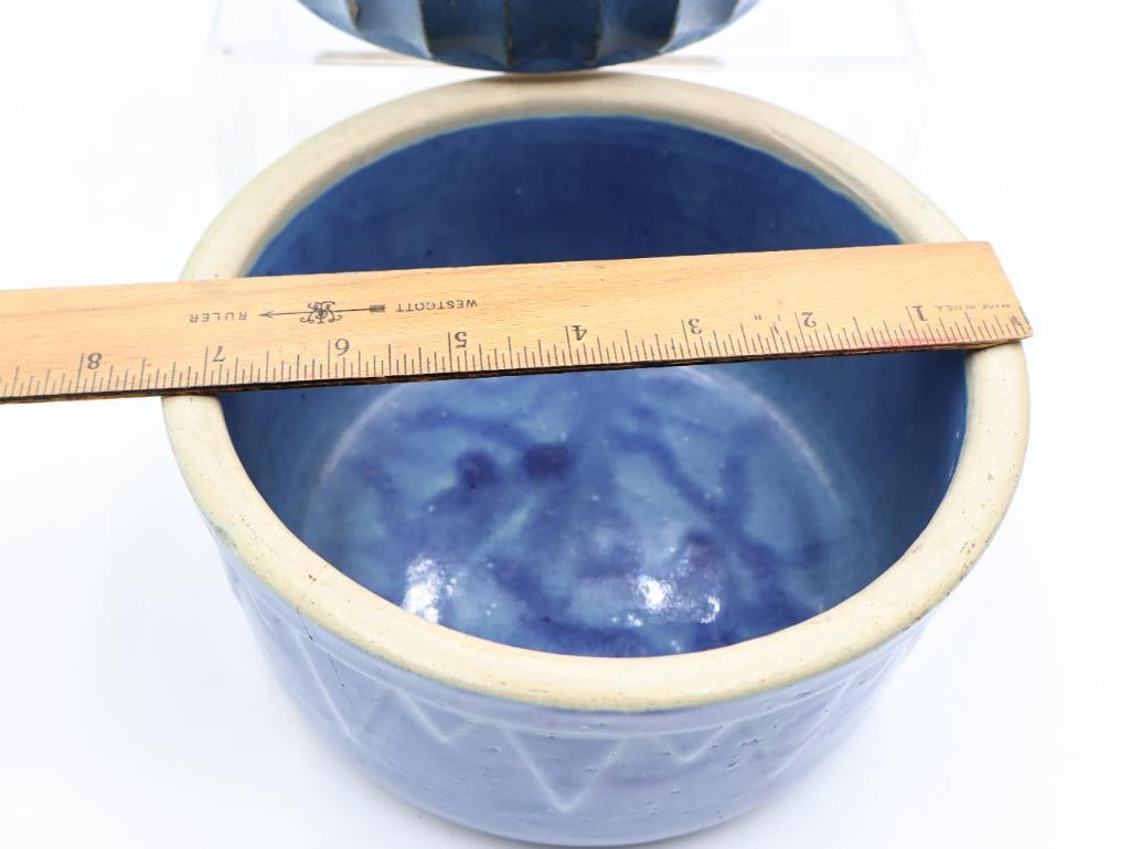 Pair Vintage Blue Stoneware Crocks / Bowls - 3