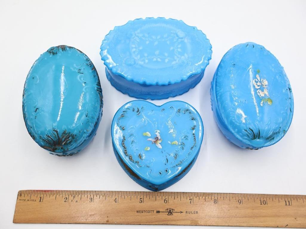 4 Antique Blue Milk Glass Covered Dresser Boxes - 2