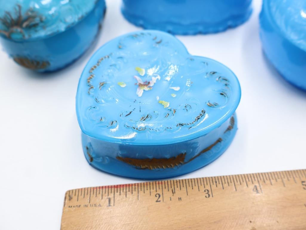 4 Antique Blue Milk Glass Covered Dresser Boxes - 3