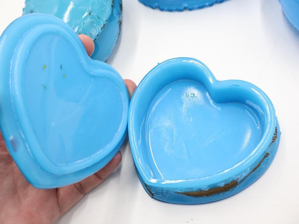 4 Antique Blue Milk Glass Covered Dresser Boxes - 5