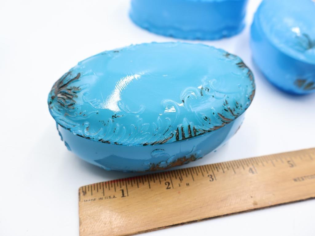 4 Antique Blue Milk Glass Covered Dresser Boxes - 7