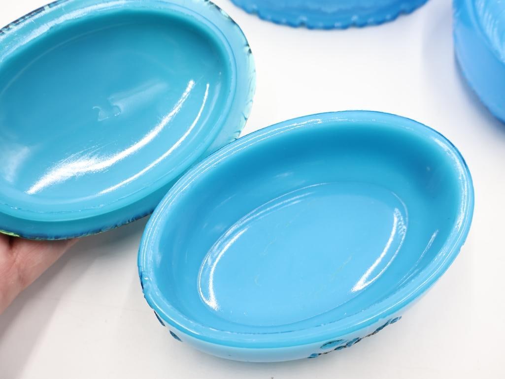 4 Antique Blue Milk Glass Covered Dresser Boxes - 8