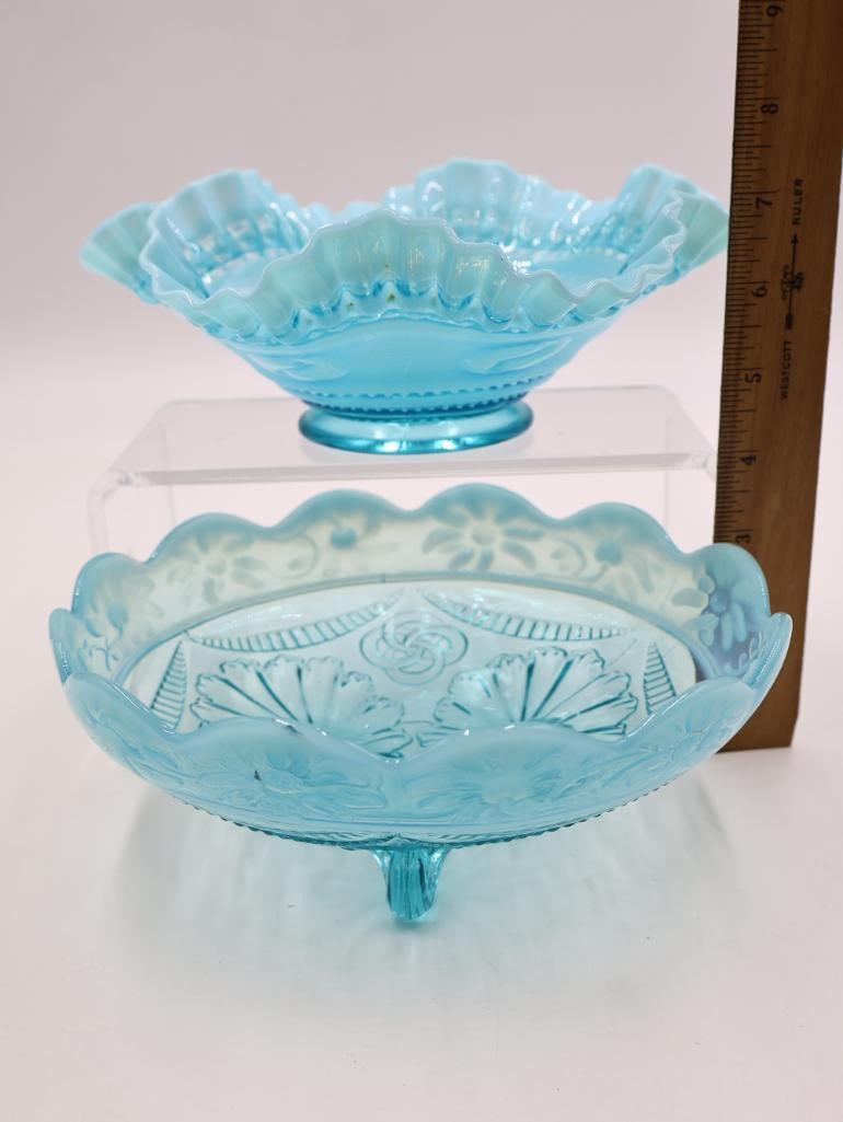 Antique Blue Opalescent Pressed Glass Bowls Ruffled & Floral - 2