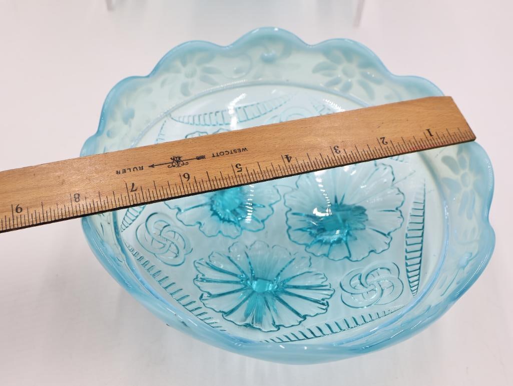 Antique Blue Opalescent Pressed Glass Bowls Ruffled & Floral - 3