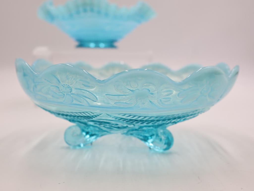 Antique Blue Opalescent Pressed Glass Bowls Ruffled & Floral - 4