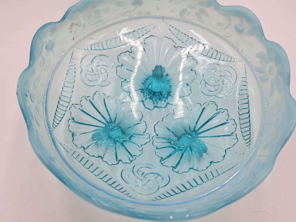 Antique Blue Opalescent Pressed Glass Bowls Ruffled & Floral - 5