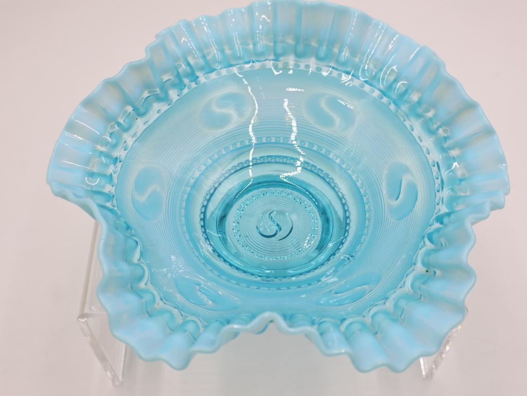 Antique Blue Opalescent Pressed Glass Bowls Ruffled & Floral - 7