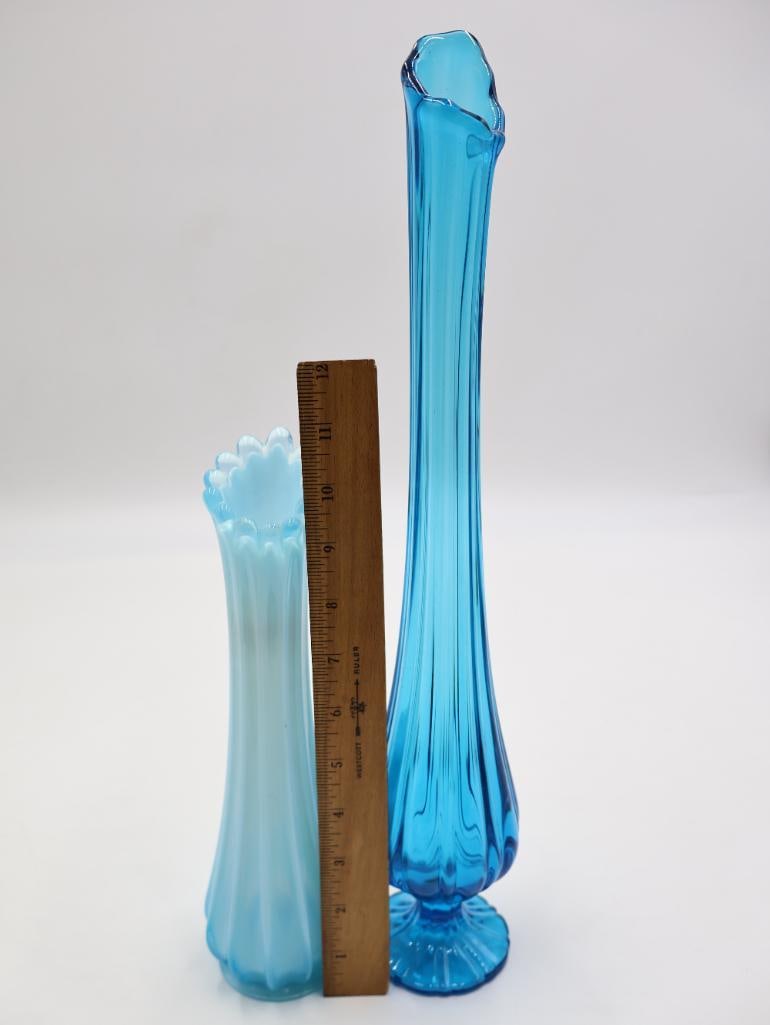 Pair Vintage Blue Swung Glass Bud Vases - 2