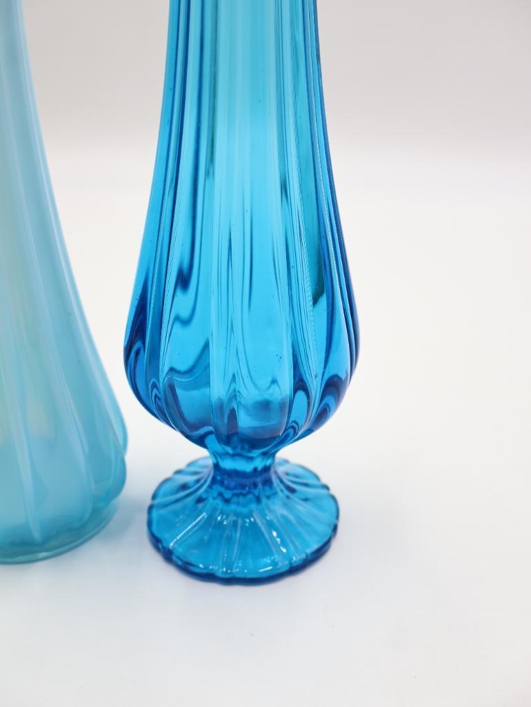 Pair Vintage Blue Swung Glass Bud Vases - 5