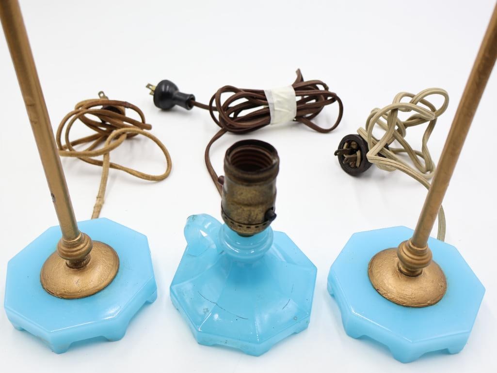 3 Vintage Blue Milk Glass Table Lamps Brass Hardware - 4