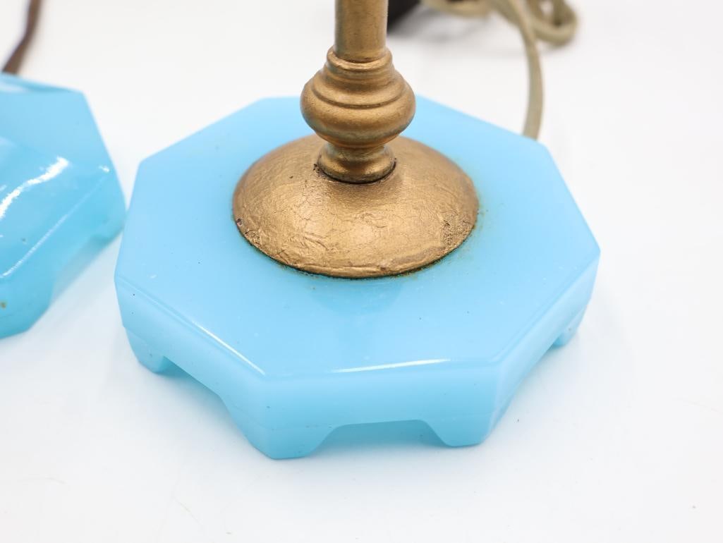 3 Vintage Blue Milk Glass Table Lamps Brass Hardware - 5