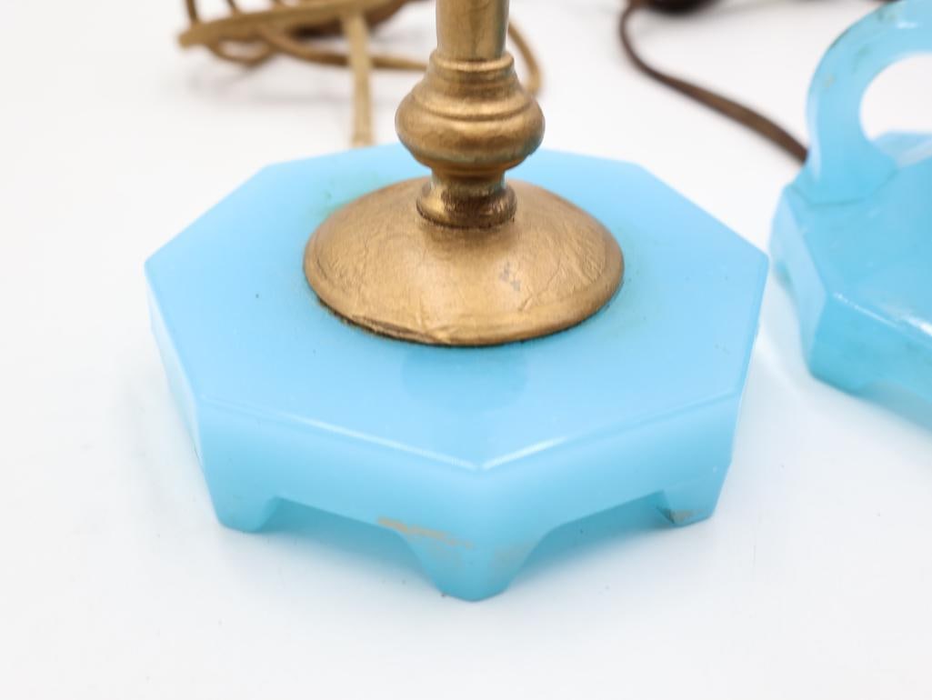 3 Vintage Blue Milk Glass Table Lamps Brass Hardware - 6