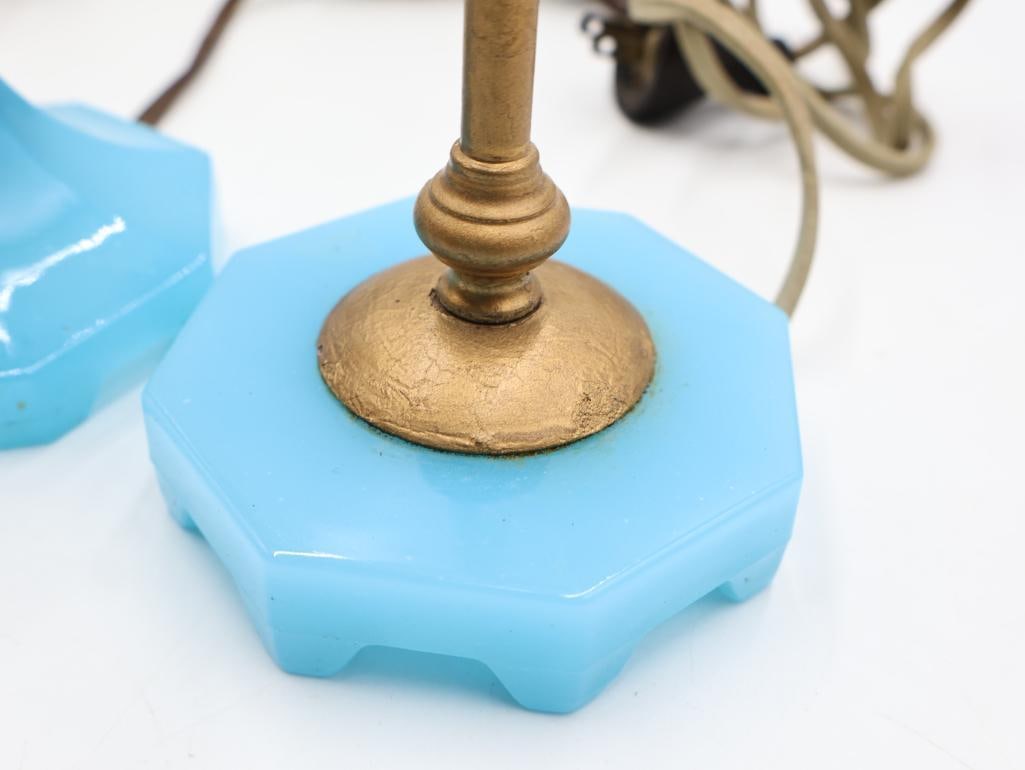 3 Vintage Blue Milk Glass Table Lamps Brass Hardware - 9