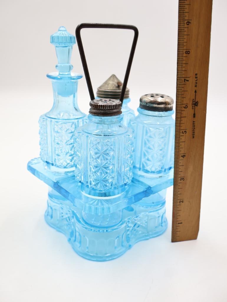 Antique Blue Pressed Glass Condiment Cruet Set Salt, Pepper and Mustard Caddy - 2