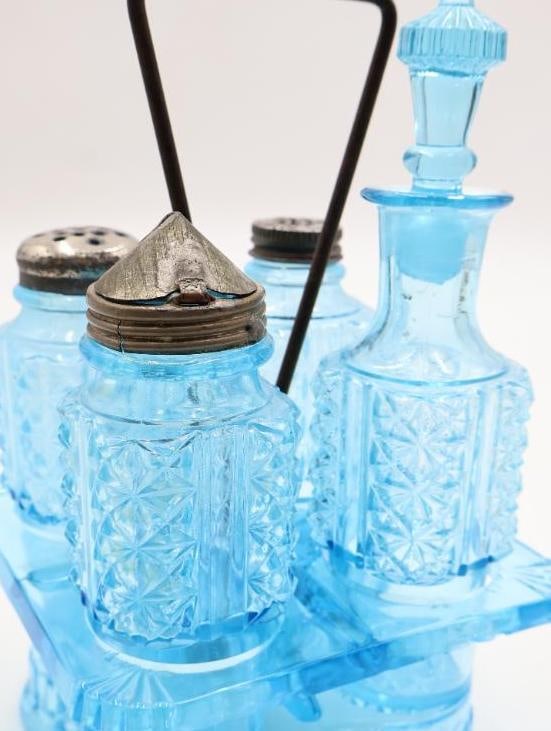 Antique Blue Pressed Glass Condiment Cruet Set Salt, Pepper and Mustard Caddy - 3