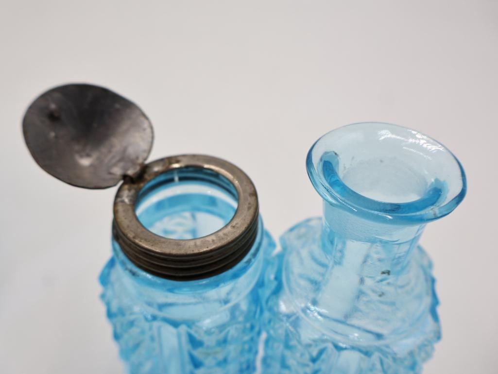 Antique Blue Pressed Glass Condiment Cruet Set Salt, Pepper and Mustard Caddy - 5