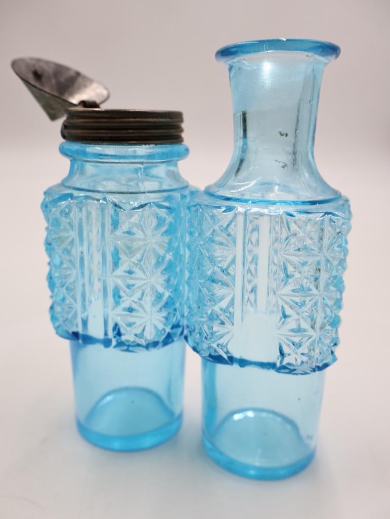 Antique Blue Pressed Glass Condiment Cruet Set Salt, Pepper and Mustard Caddy - 6