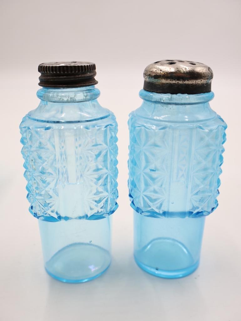 Antique Blue Pressed Glass Condiment Cruet Set Salt, Pepper and Mustard Caddy - 7