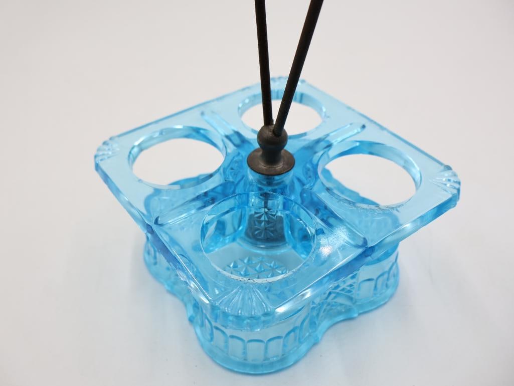 Antique Blue Pressed Glass Condiment Cruet Set Salt, Pepper and Mustard Caddy - 9