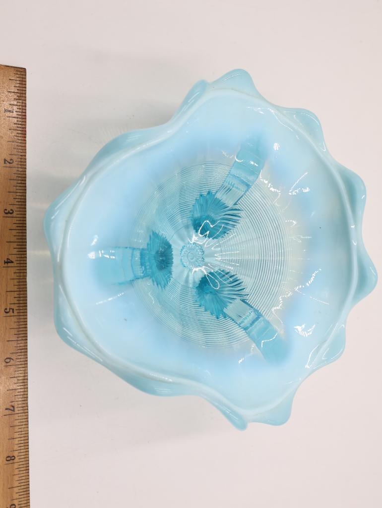 3 Vintage Blue Opalescent Art Glass Compotes - 11