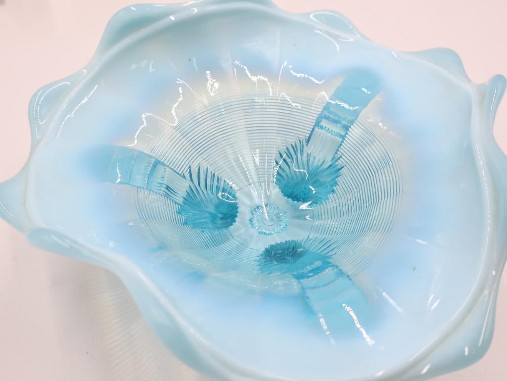 3 Vintage Blue Opalescent Art Glass Compotes - 12