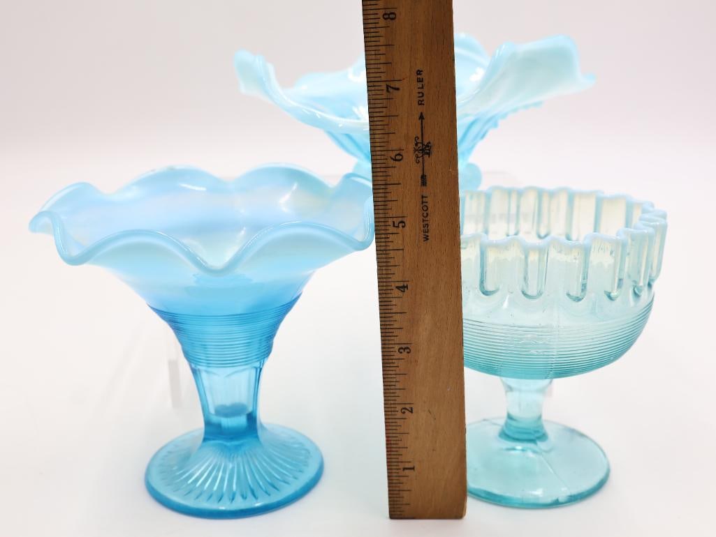 3 Vintage Blue Opalescent Art Glass Compotes - 2