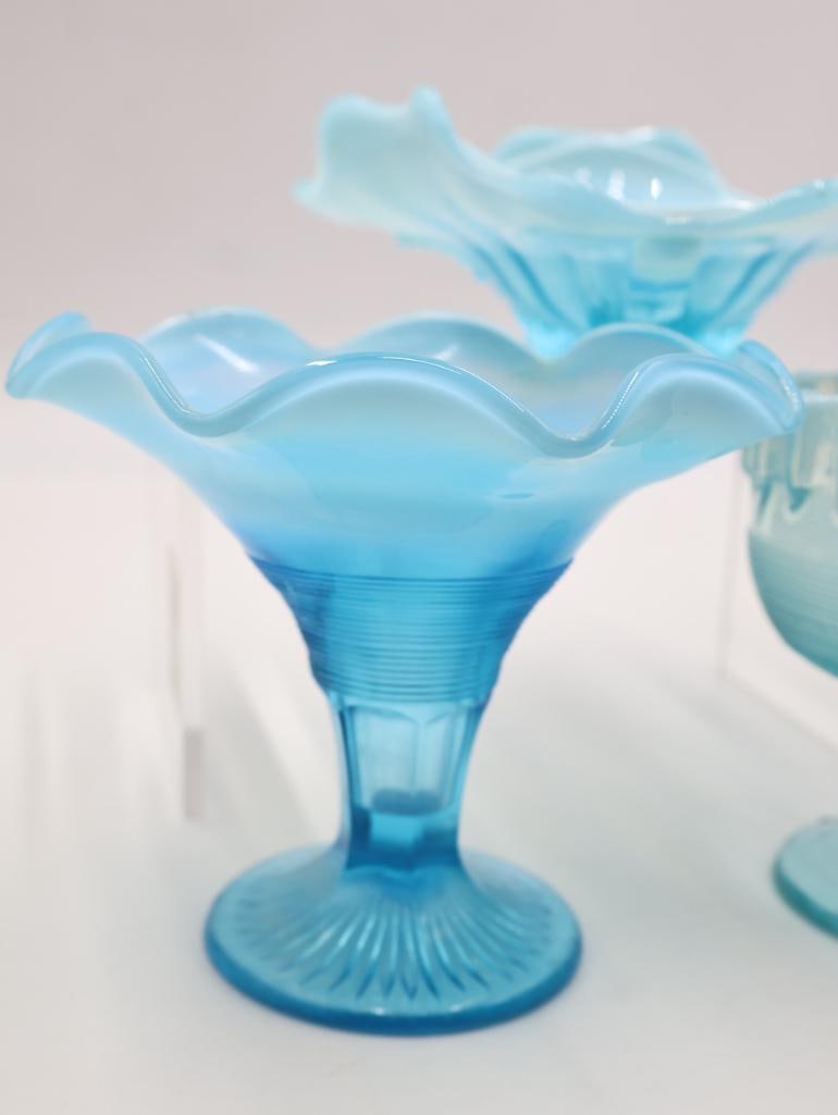 3 Vintage Blue Opalescent Art Glass Compotes - 3