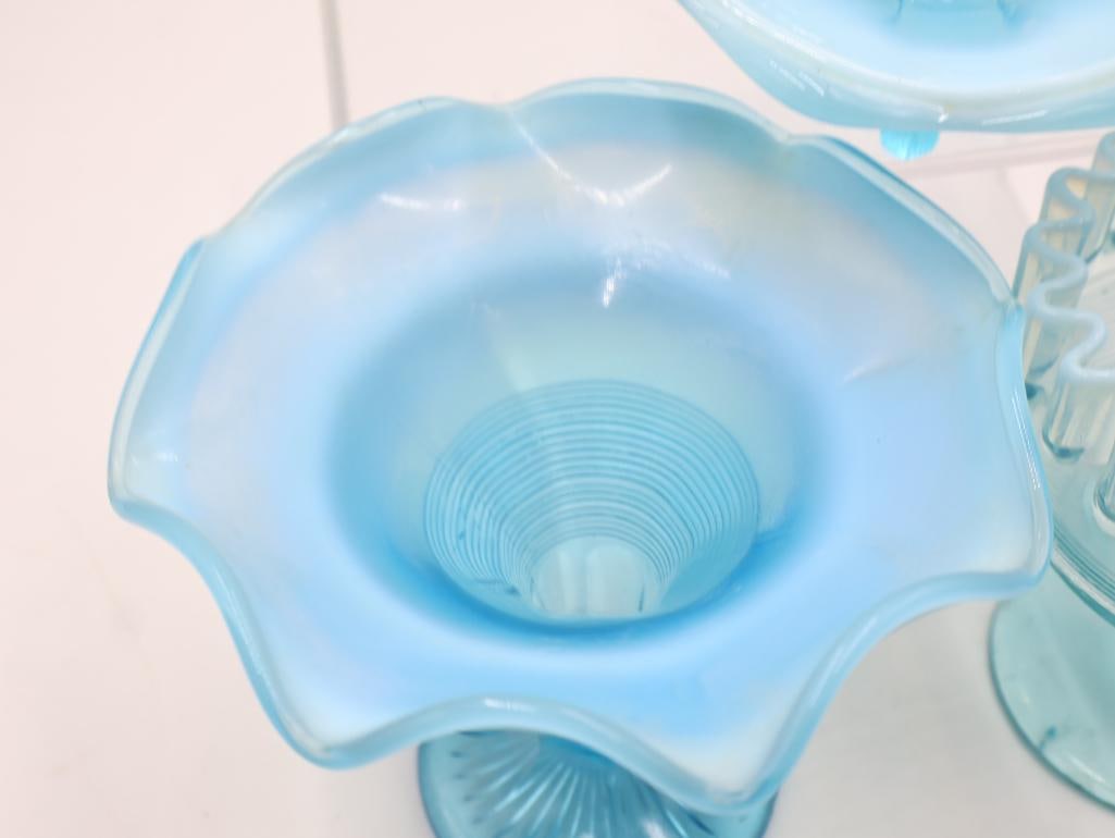 3 Vintage Blue Opalescent Art Glass Compotes - 4