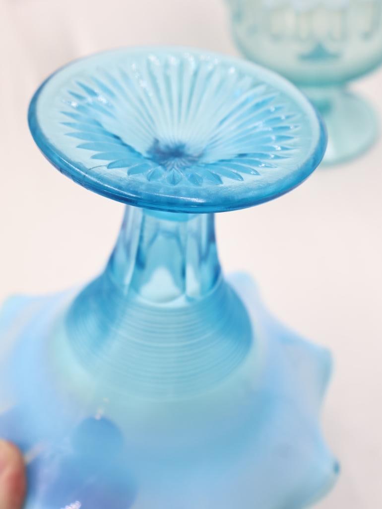 3 Vintage Blue Opalescent Art Glass Compotes - 6