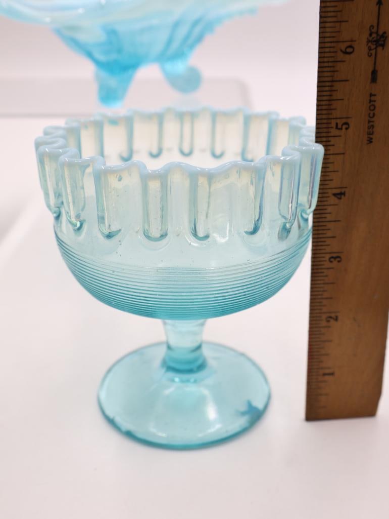 3 Vintage Blue Opalescent Art Glass Compotes - 7
