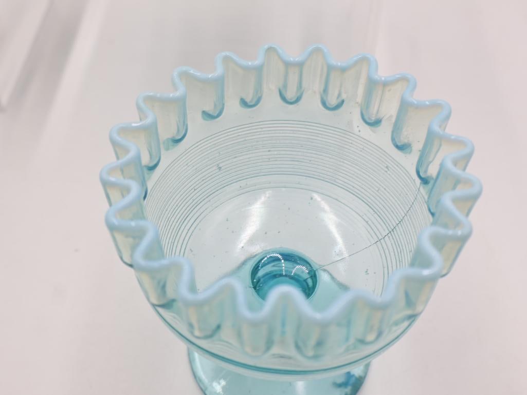 3 Vintage Blue Opalescent Art Glass Compotes - 8