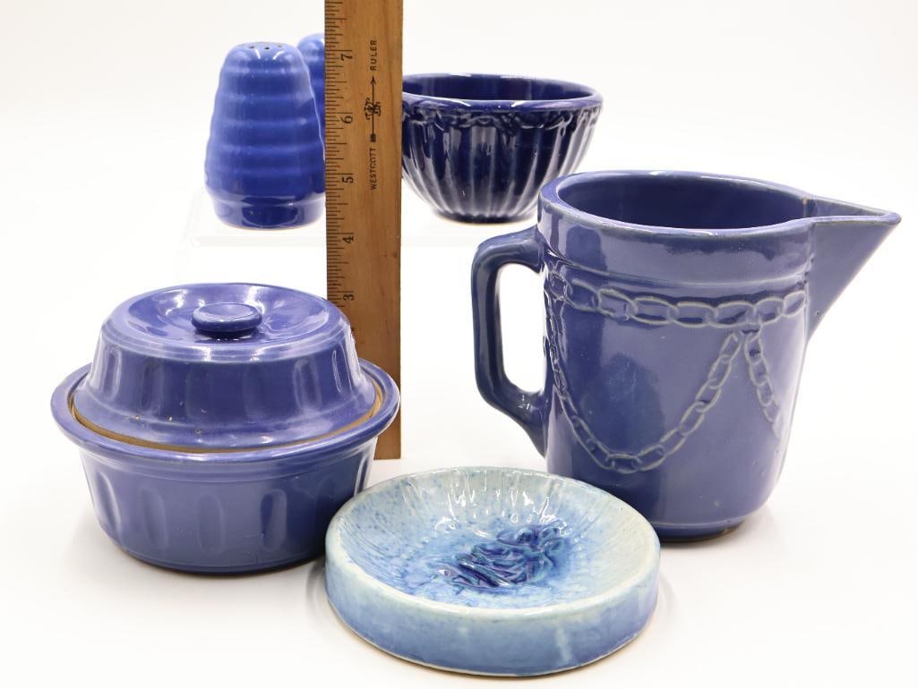 Vintage Cobalt Blue Pottery Kitchenware Pitcher, Shakers and Covered Dish - 2
