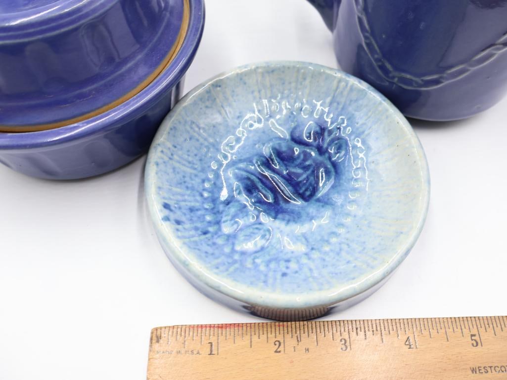 Vintage Cobalt Blue Pottery Kitchenware Pitcher, Shakers and Covered Dish - 3