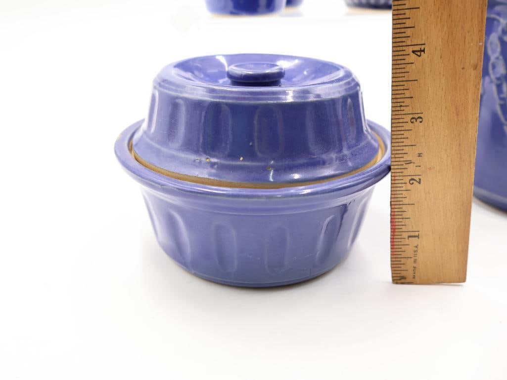 Vintage Cobalt Blue Pottery Kitchenware Pitcher, Shakers and Covered Dish - 6