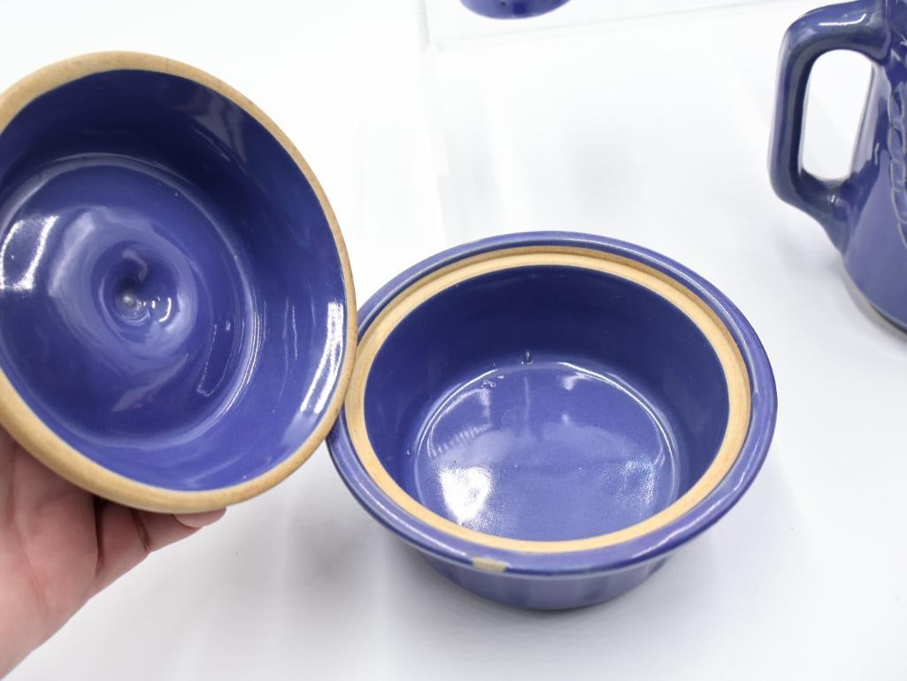 Vintage Cobalt Blue Pottery Kitchenware Pitcher, Shakers and Covered Dish - 7