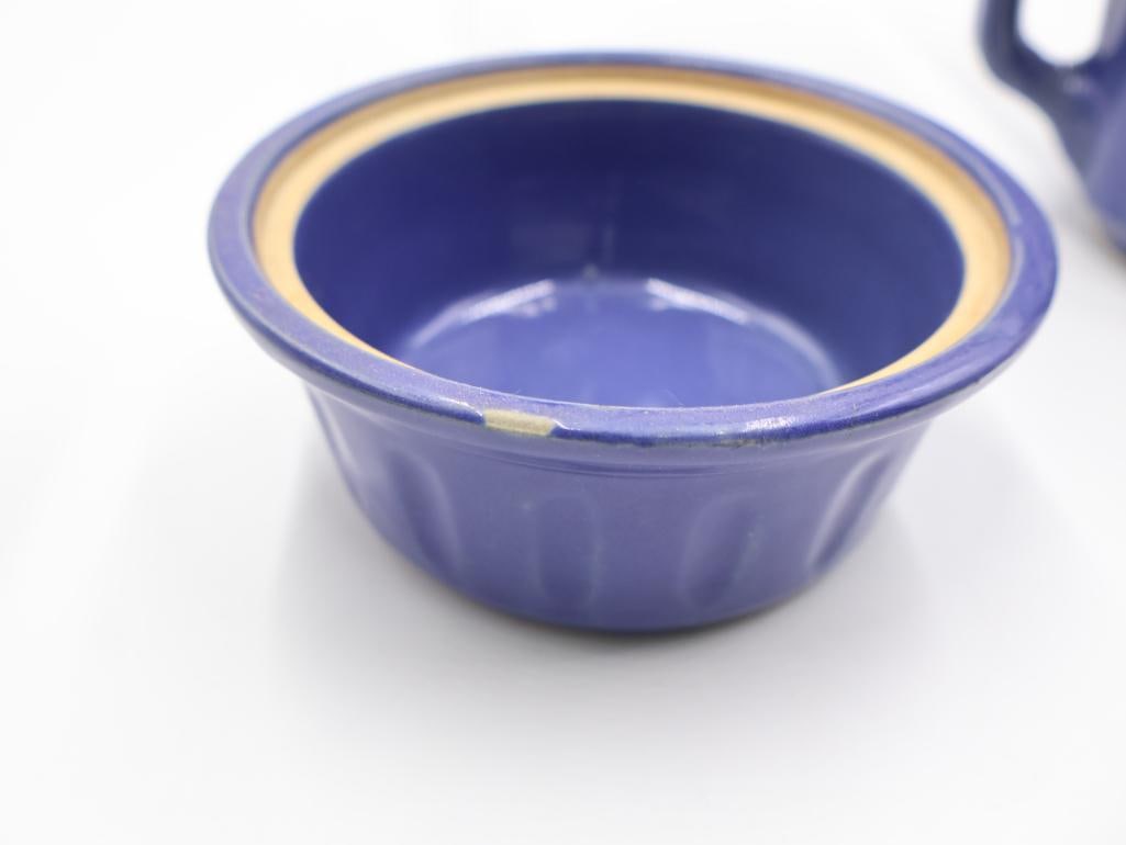 Vintage Cobalt Blue Pottery Kitchenware Pitcher, Shakers and Covered Dish - 8