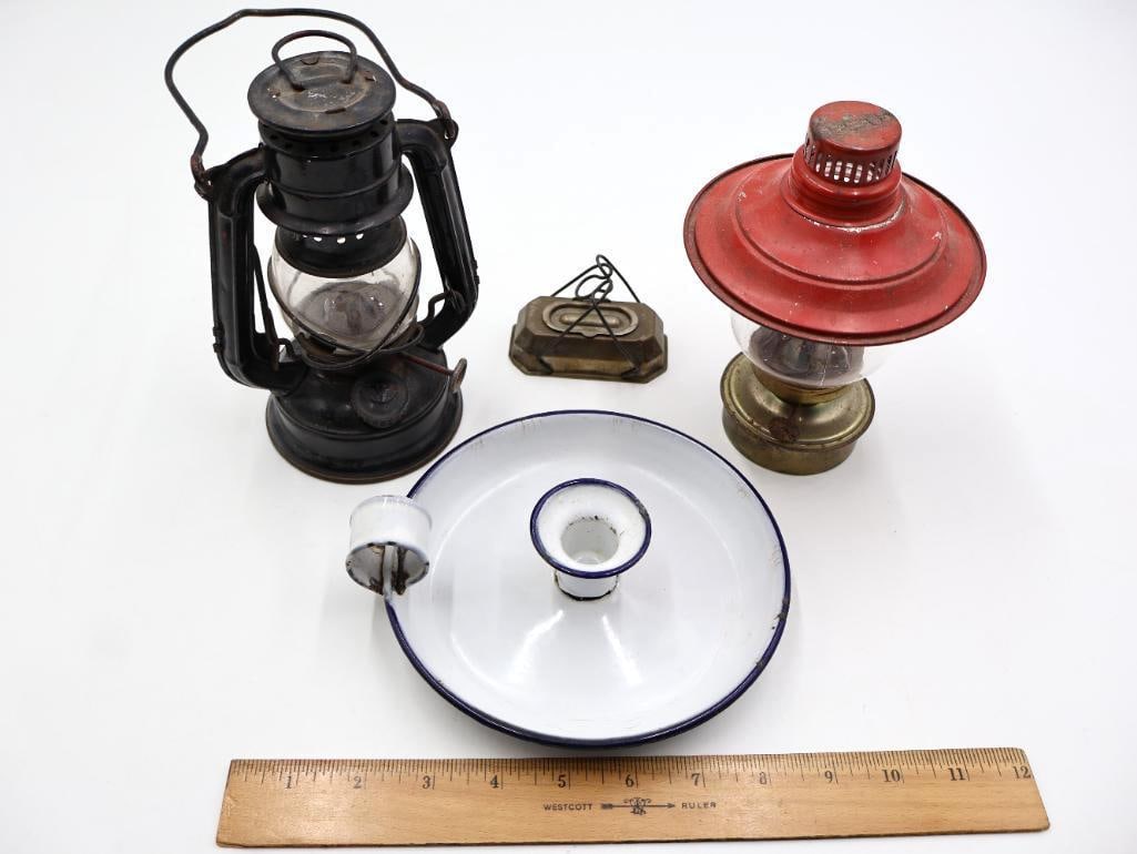 Vintage Lighting and Candle Lot Oil Lanterns, Enamel Candlestick and Curler Stove - 2