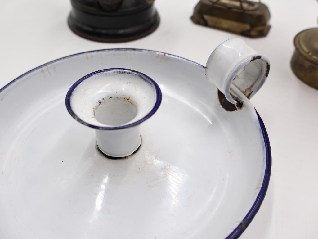 Vintage Lighting and Candle Lot Oil Lanterns, Enamel Candlestick and Curler Stove - 5