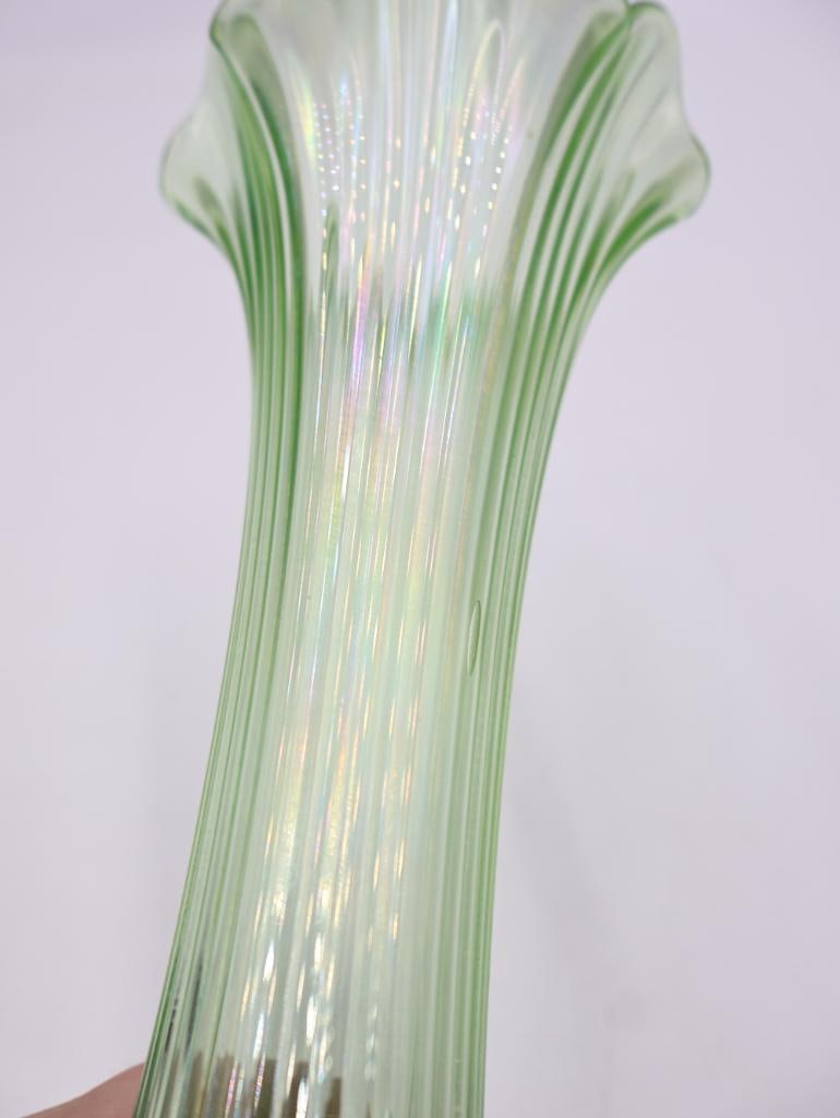 3 Vintage Art Glass Vases Pearlescent Green, Teal and Black - 10
